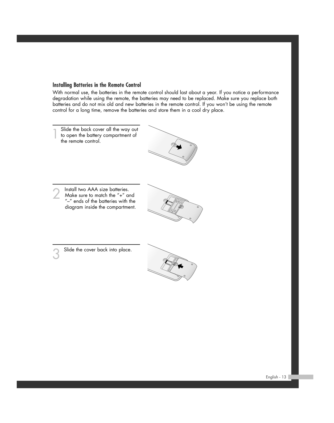 Samsung HL-R5064W, HL-R6164W, HL-R5664W, HL-R4664W, HL-R4264W manual Installing Batteries in the Remote Control 