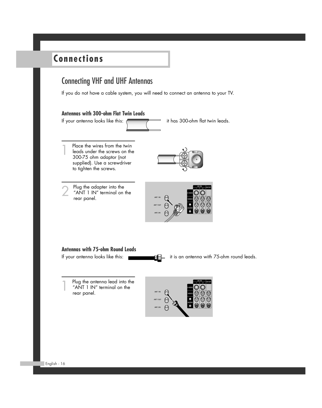 Samsung HL-R5664W Connecting VHF and UHF Antennas, Antennas with 300-ohm Flat Twin Leads, Antennas with 75-ohm Round Leads 