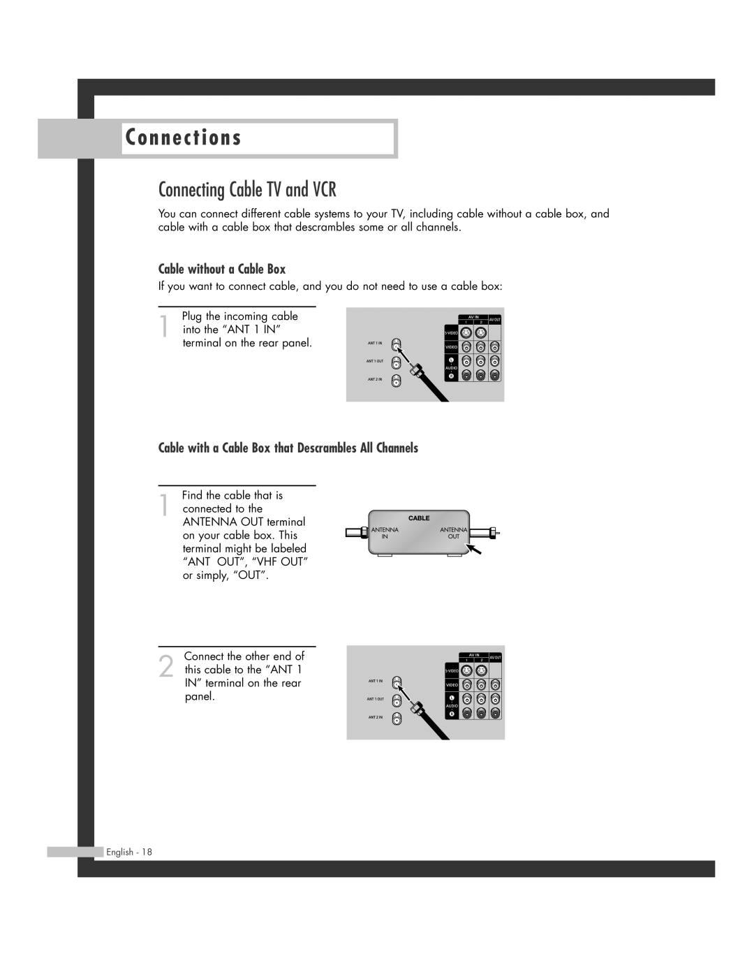 Samsung HL-R5064W, HL-R6164W, HL-R5664W, HL-R4664W, HL-R4264W manual Connecting Cable TV and VCR, Cable without a Cable Box 