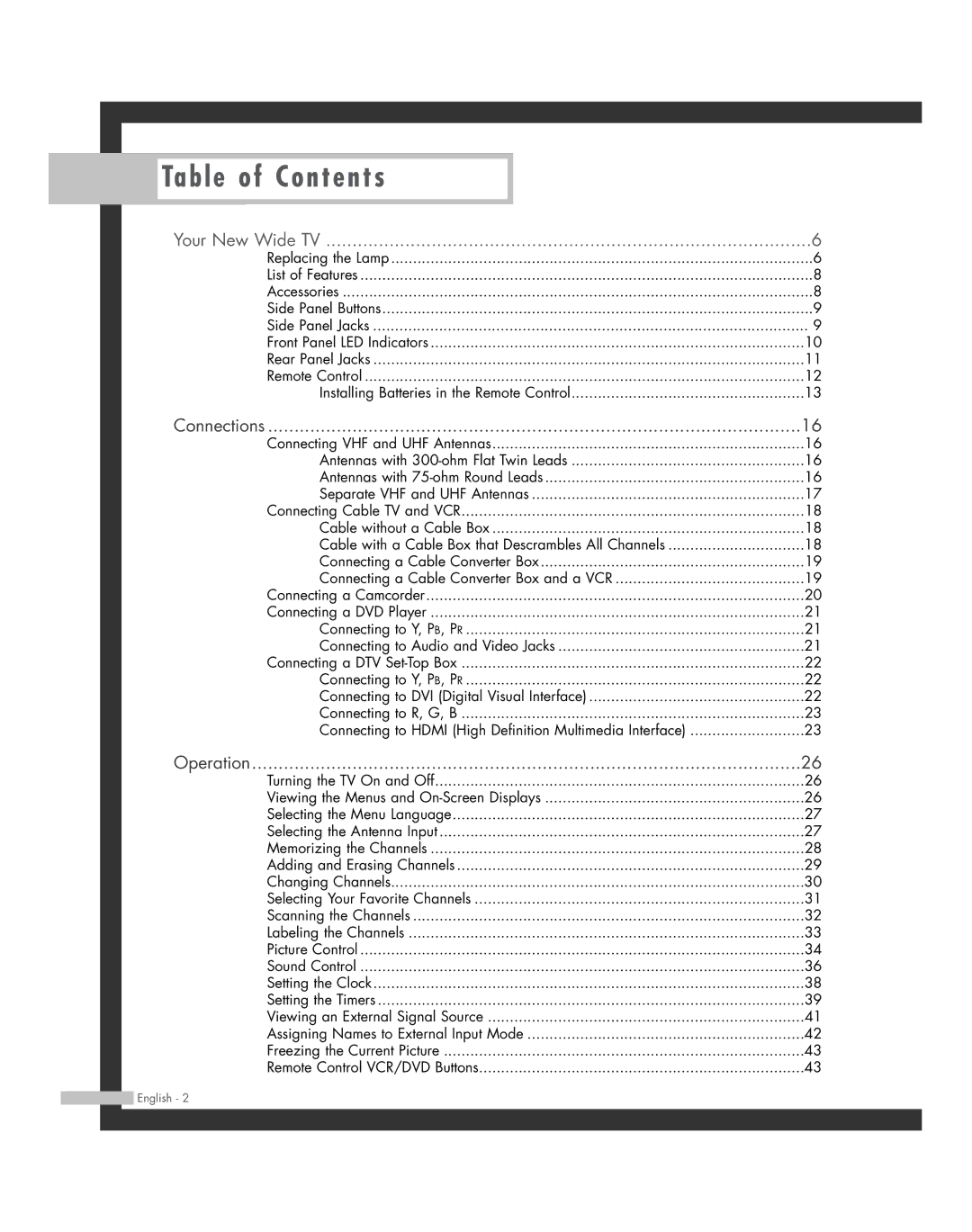 Samsung HL-R4664W, HL-R6164W, HL-R5664W, HL-R5064W, HL-R4264W manual Table of Contents 