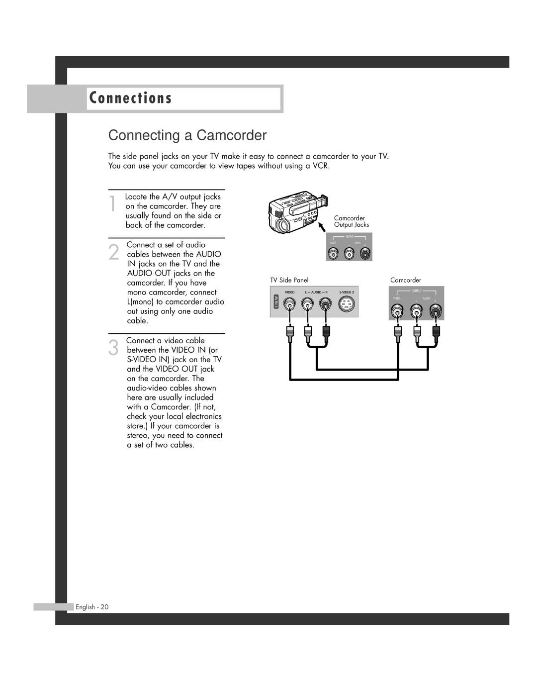 Samsung HL-R6164W, HL-R5664W, HL-R4664W, HL-R5064W, HL-R4264W manual Connecting a Camcorder 