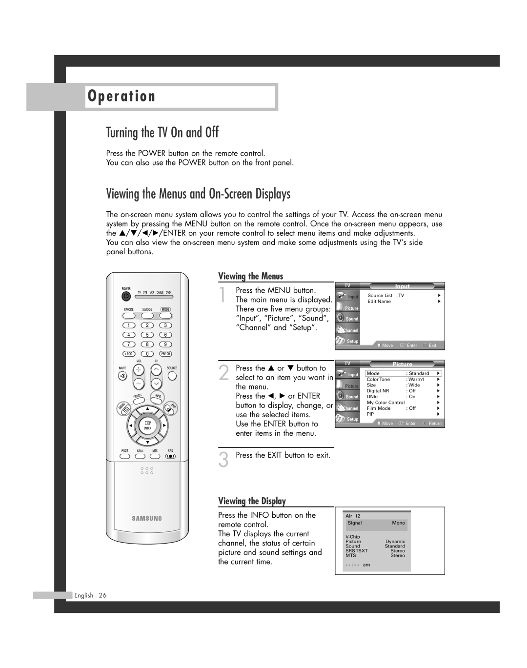 Samsung HL-R5664W, HL-R6164W manual Turning the TV On and Off, Viewing the Menus and On-Screen Displays, Viewing the Display 