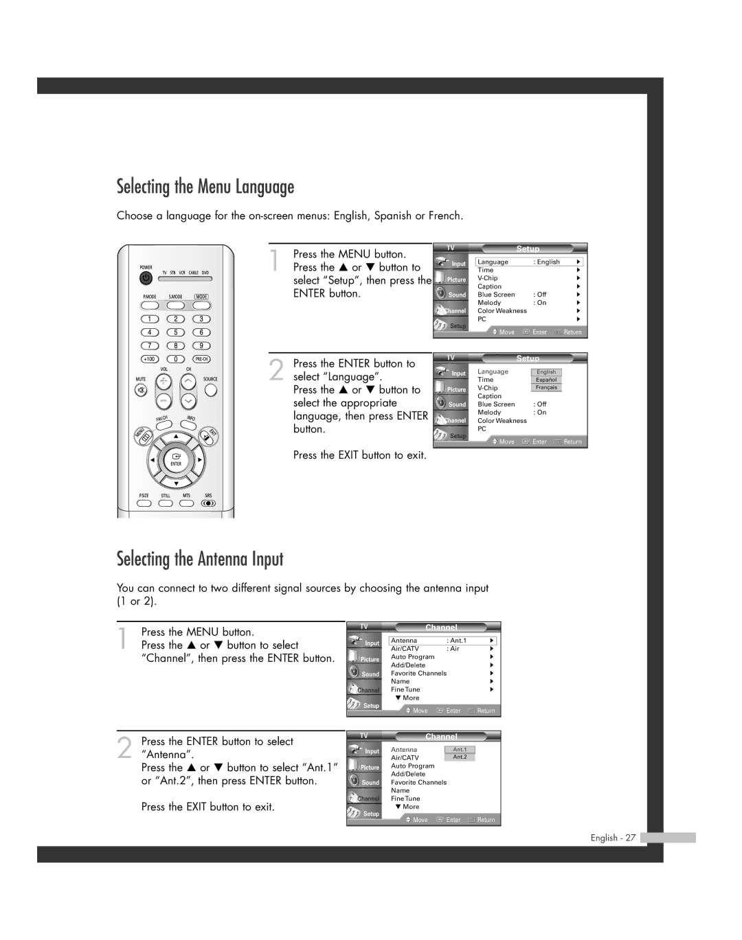 Samsung HL-R4664W, HL-R6164W, HL-R5664W, HL-R5064W, HL-R4264W manual Selecting the Menu Language, Selecting the Antenna Input 