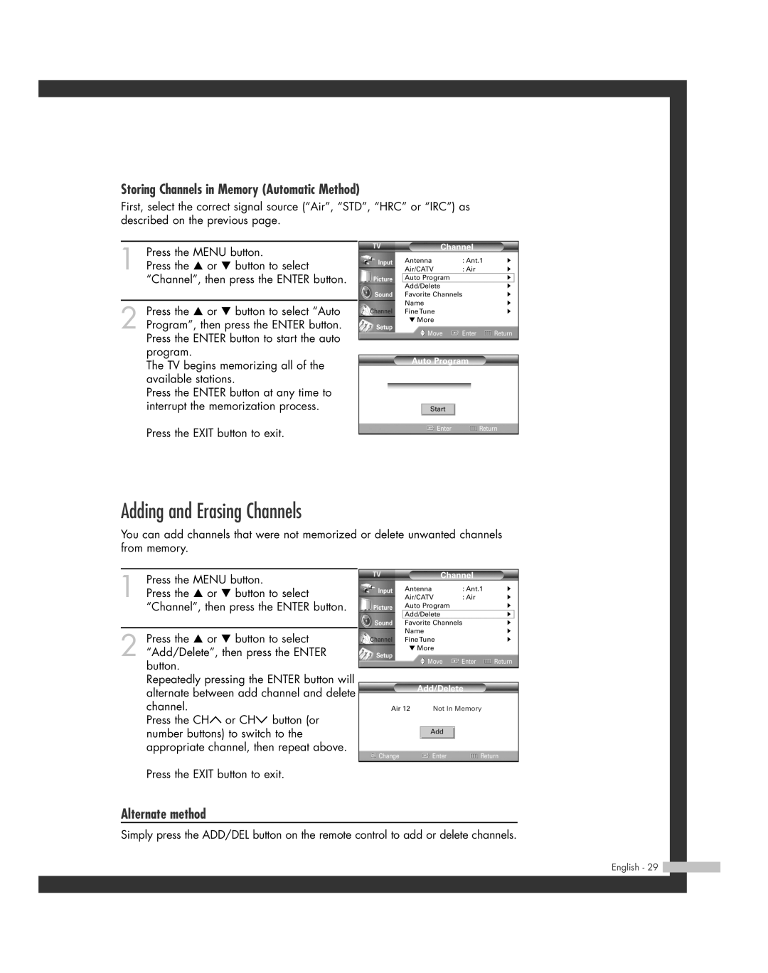 Samsung HL-R4264W, HL-R6164W Adding and Erasing Channels, Storing Channels in Memory Automatic Method, Alternate method 