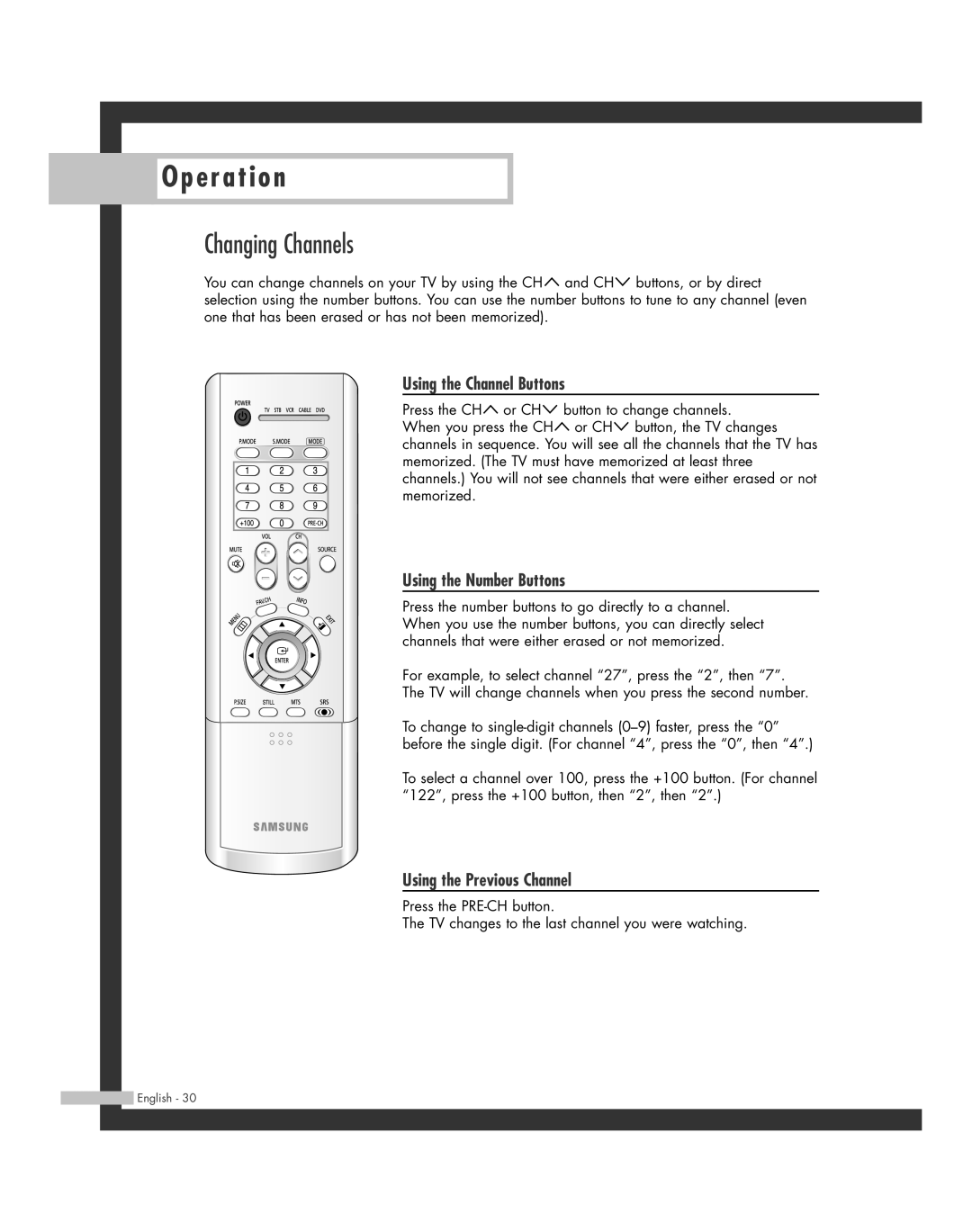 Samsung HL-R6164W manual Changing Channels, Using the Channel Buttons, Using the Number Buttons, Using the Previous Channel 