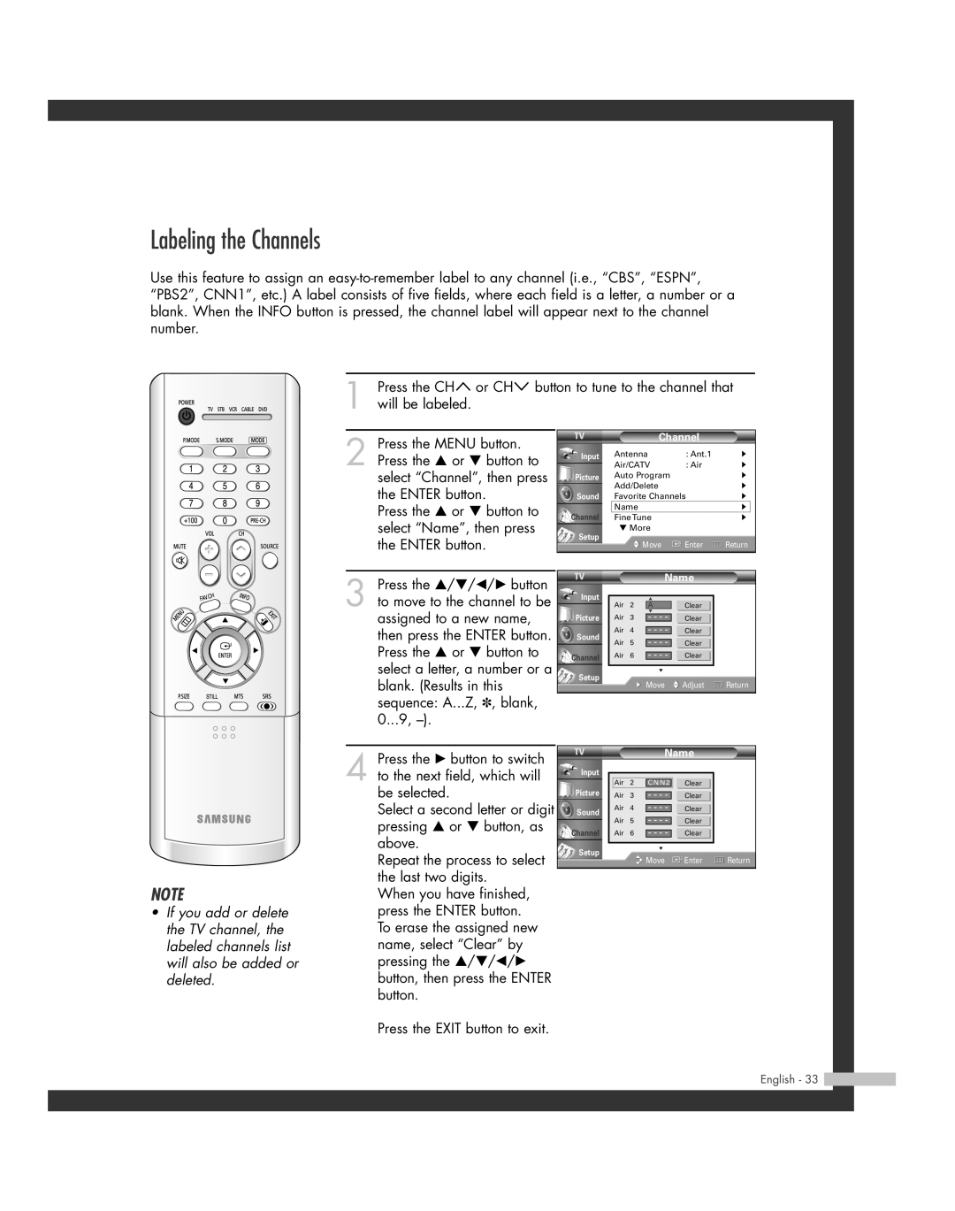 Samsung HL-R5064W, HL-R6164W, HL-R5664W, HL-R4664W, HL-R4264W manual Labeling the Channels 