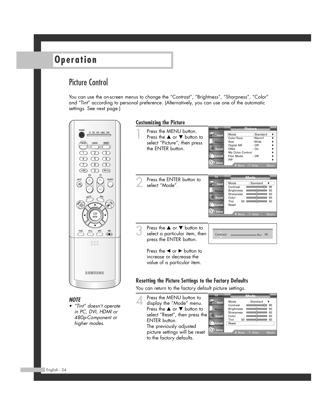 Samsung HL-R4264W manual Picture Control, Customizing the Picture, Resetting the Picture Settings to the Factory Defaults 