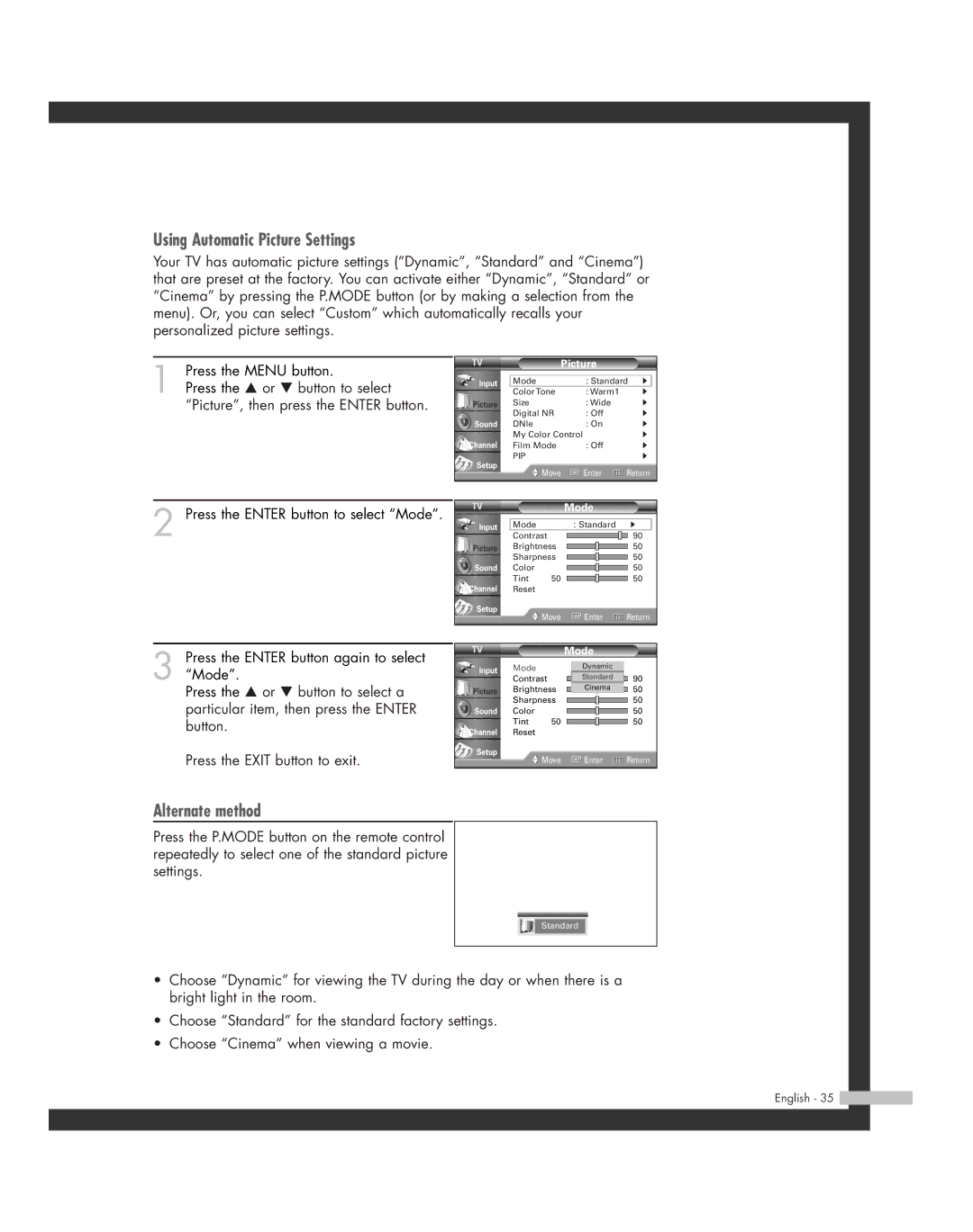 Samsung HL-R6164W, HL-R5664W, HL-R4664W, HL-R5064W, HL-R4264W manual Using Automatic Picture Settings, Alternate method 