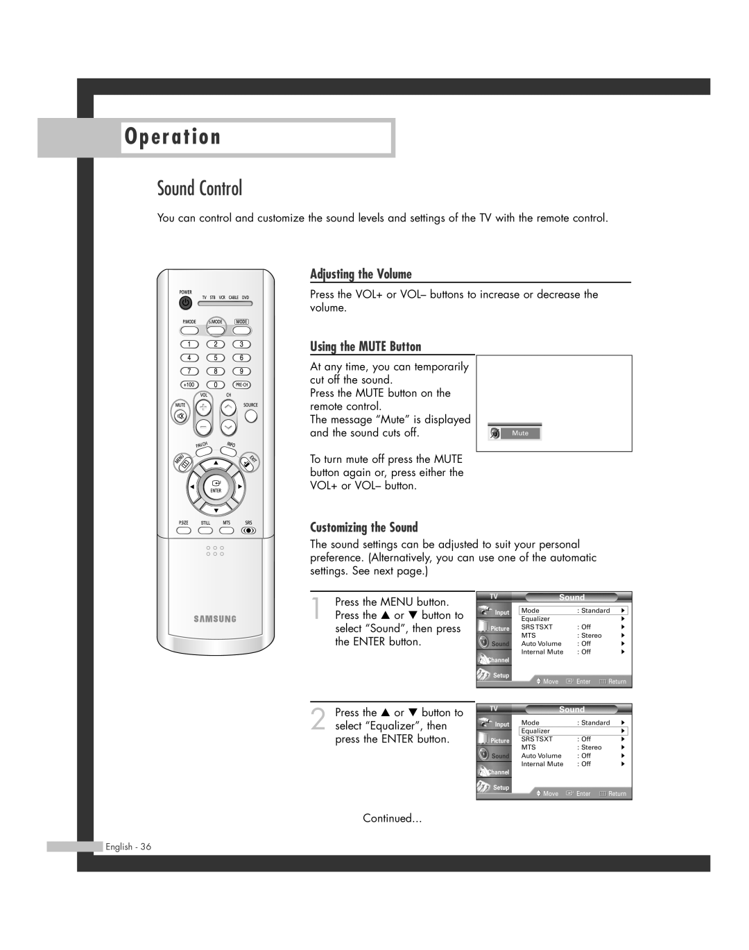 Samsung HL-R5664W, HL-R6164W, HL-R4664W Sound Control, Adjusting the Volume, Using the Mute Button, Customizing the Sound 