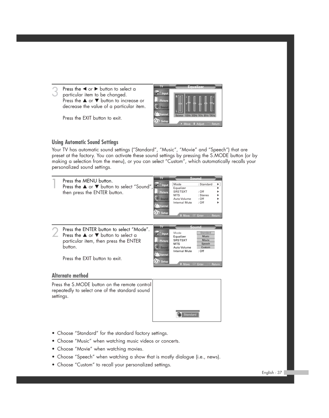 Samsung HL-R4664W, HL-R6164W, HL-R5664W, HL-R5064W, HL-R4264W manual Using Automatic Sound Settings 