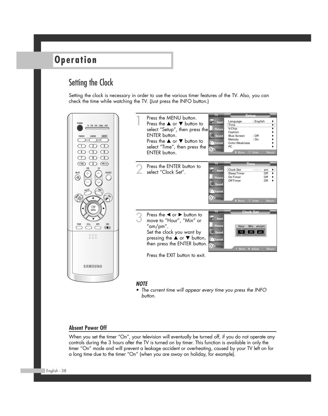 Samsung HL-R5064W, HL-R6164W, HL-R5664W, HL-R4664W, HL-R4264W manual Setting the Clock, Absent Power Off 