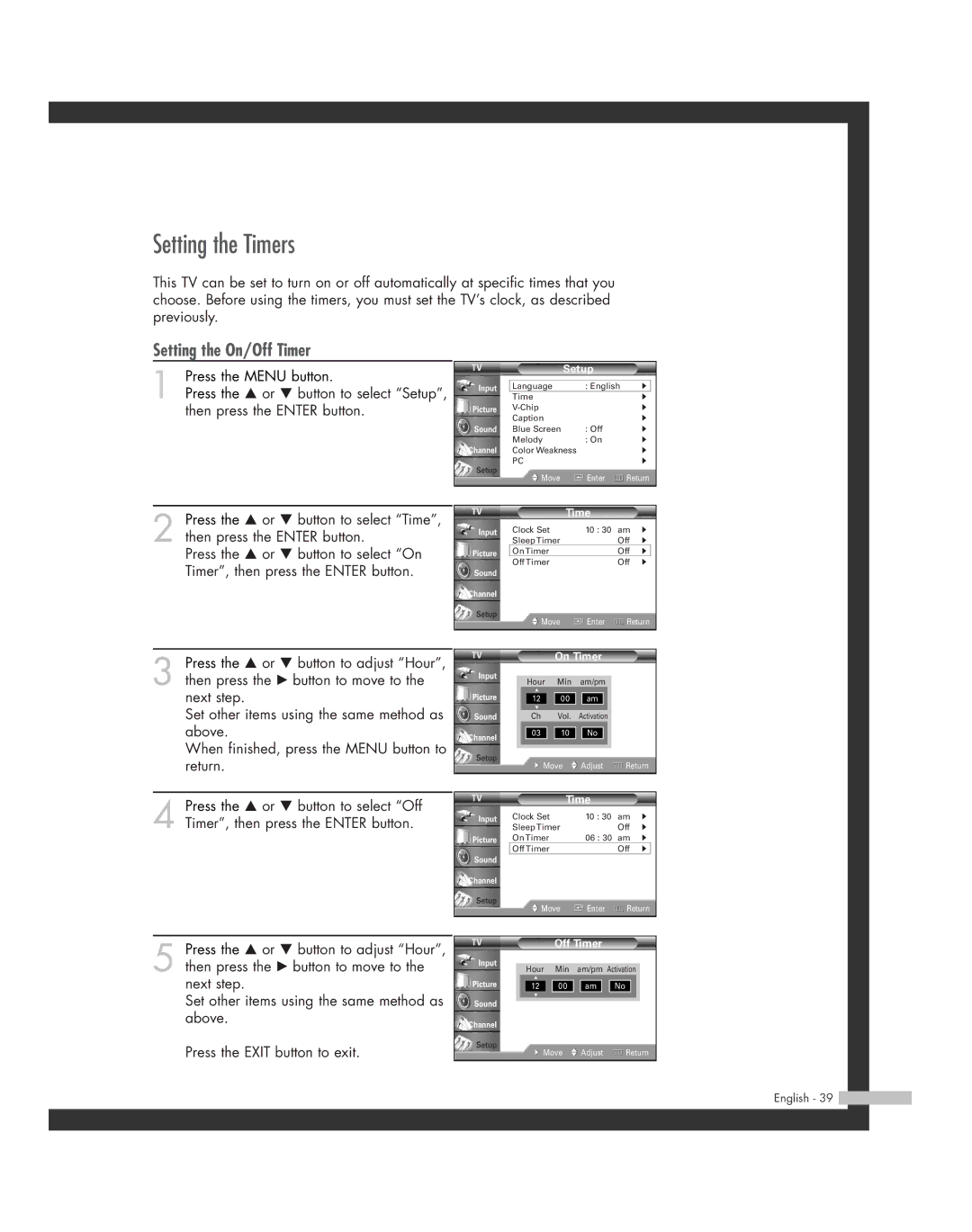 Samsung HL-R4264W, HL-R6164W, HL-R5664W, HL-R4664W, HL-R5064W manual Setting the Timers, Setting the On/Off Timer 