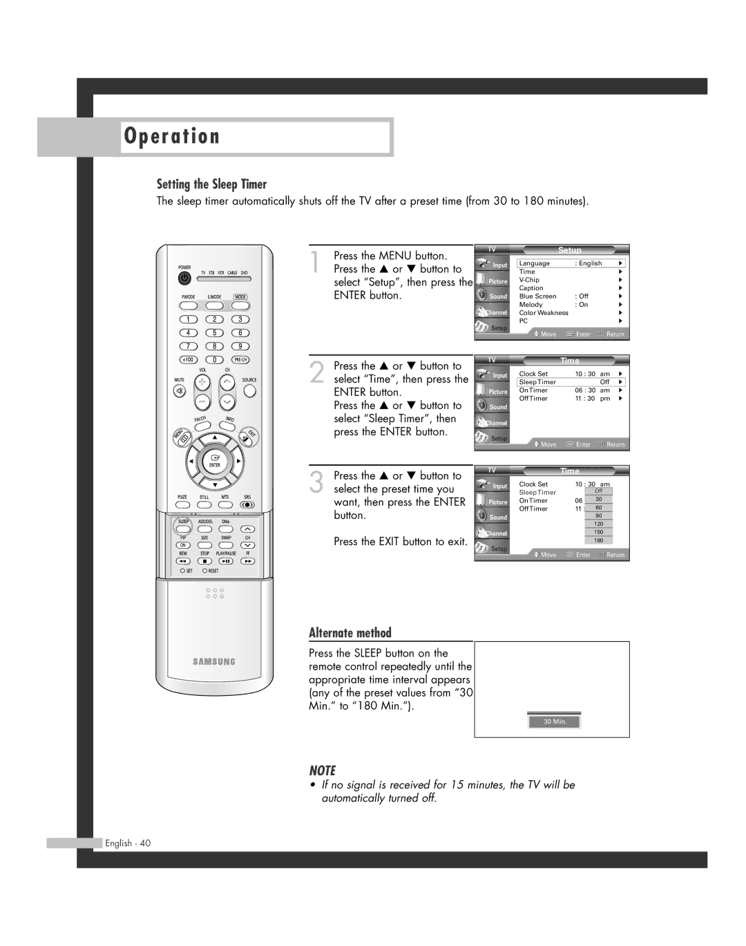 Samsung HL-R6164W, HL-R5664W, HL-R4664W, HL-R5064W, HL-R4264W manual Setting the Sleep Timer, Alternate method 