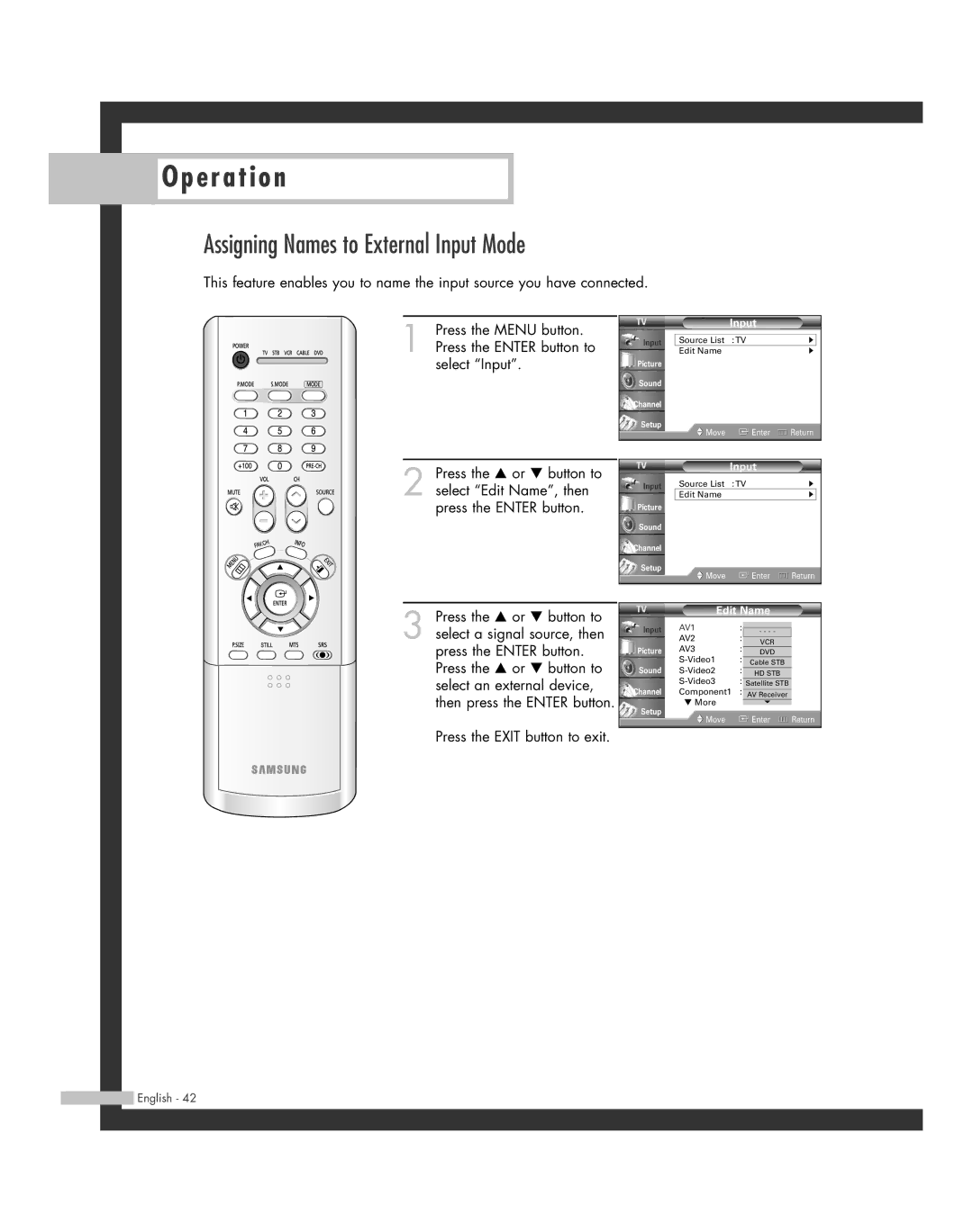 Samsung HL-R4664W, HL-R6164W, HL-R5664W, HL-R5064W, HL-R4264W manual Assigning Names to External Input Mode, Edit Name 