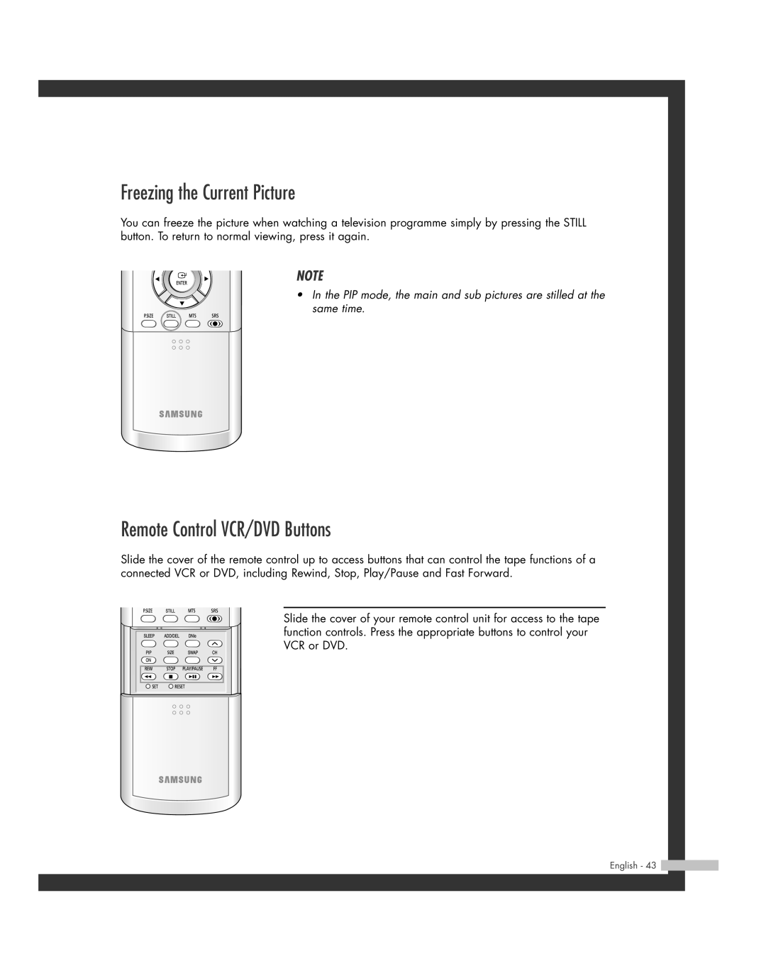 Samsung HL-R5064W, HL-R6164W, HL-R5664W, HL-R4664W, HL-R4264W Freezing the Current Picture, Remote Control VCR/DVD Buttons 