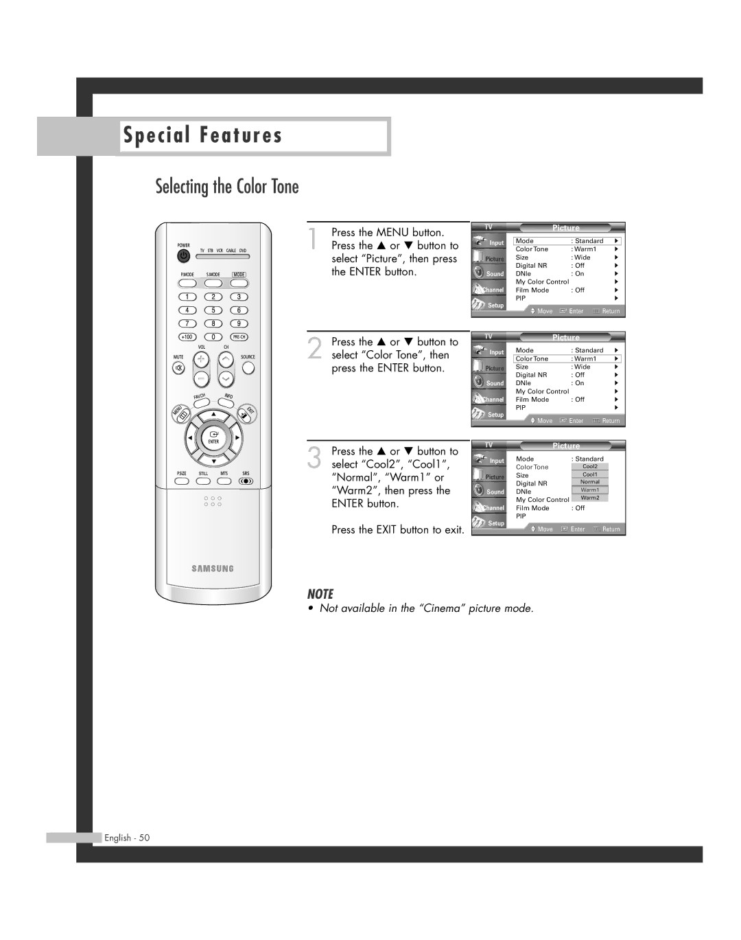 Samsung HL-R6164W, HL-R5664W, HL-R4664W, HL-R5064W, HL-R4264W manual Selecting the Color Tone 