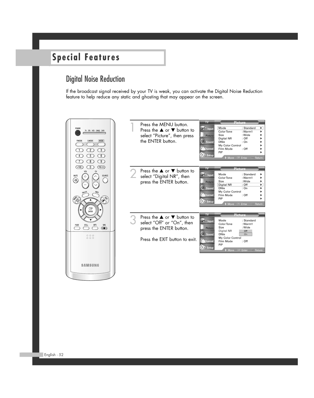 Samsung HL-R4664W, HL-R6164W, HL-R5664W, HL-R5064W, HL-R4264W manual Digital Noise Reduction 