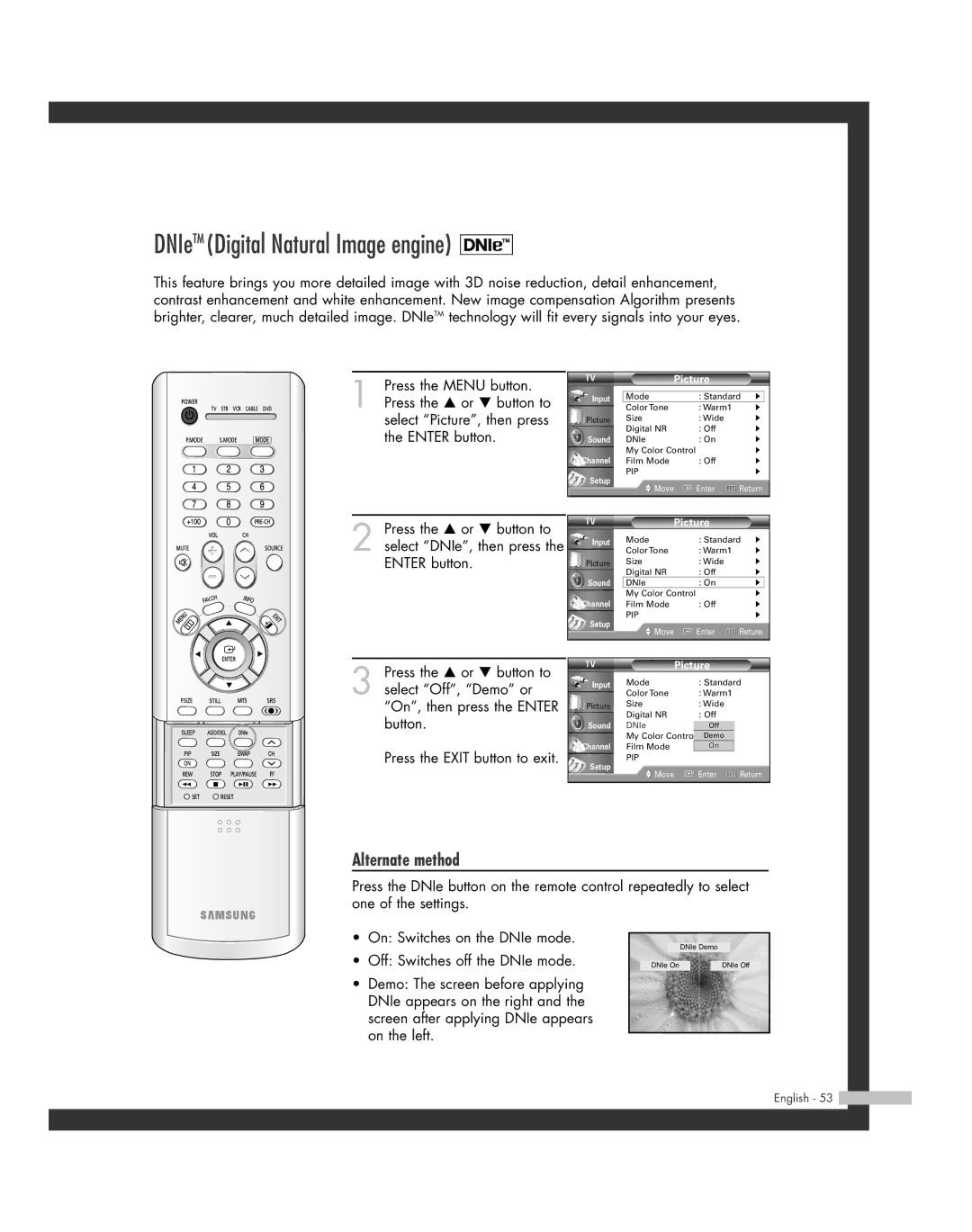 Samsung HL-R5064W, HL-R6164W, HL-R5664W, HL-R4664W, HL-R4264W manual DNIeTM Digital Natural Image engine 