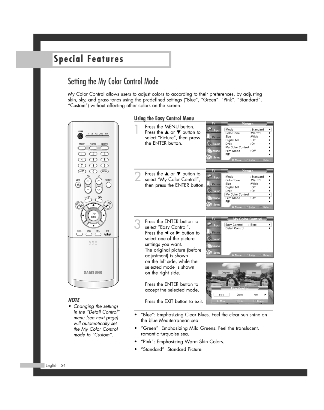 Samsung HL-R4264W, HL-R6164W, HL-R5664W, HL-R4664W, HL-R5064W Setting the My Color Control Mode, Using the Easy Control Menu 