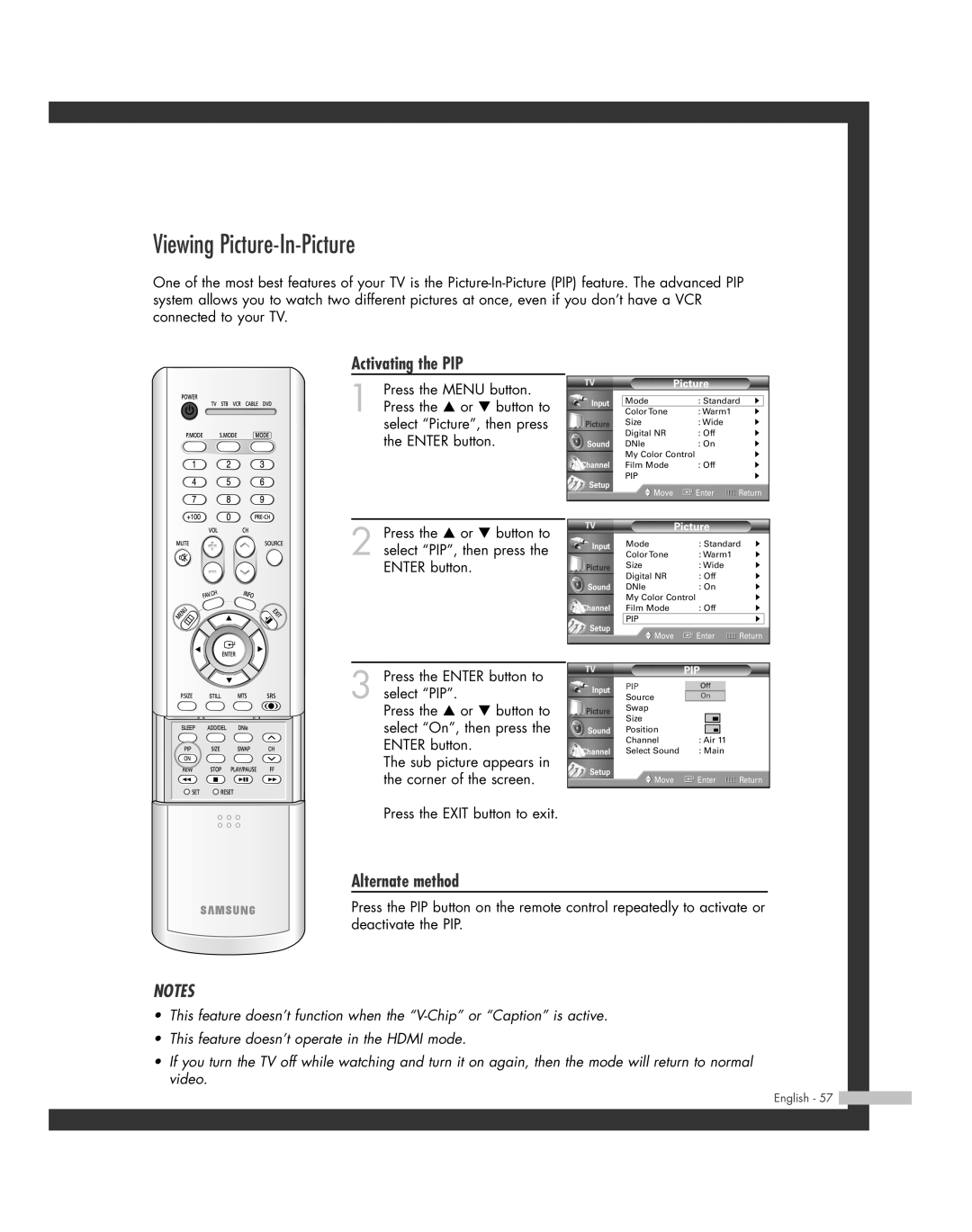 Samsung HL-R4664W, HL-R6164W, HL-R5664W, HL-R5064W, HL-R4264W manual Viewing Picture-In-Picture, Activating the PIP 