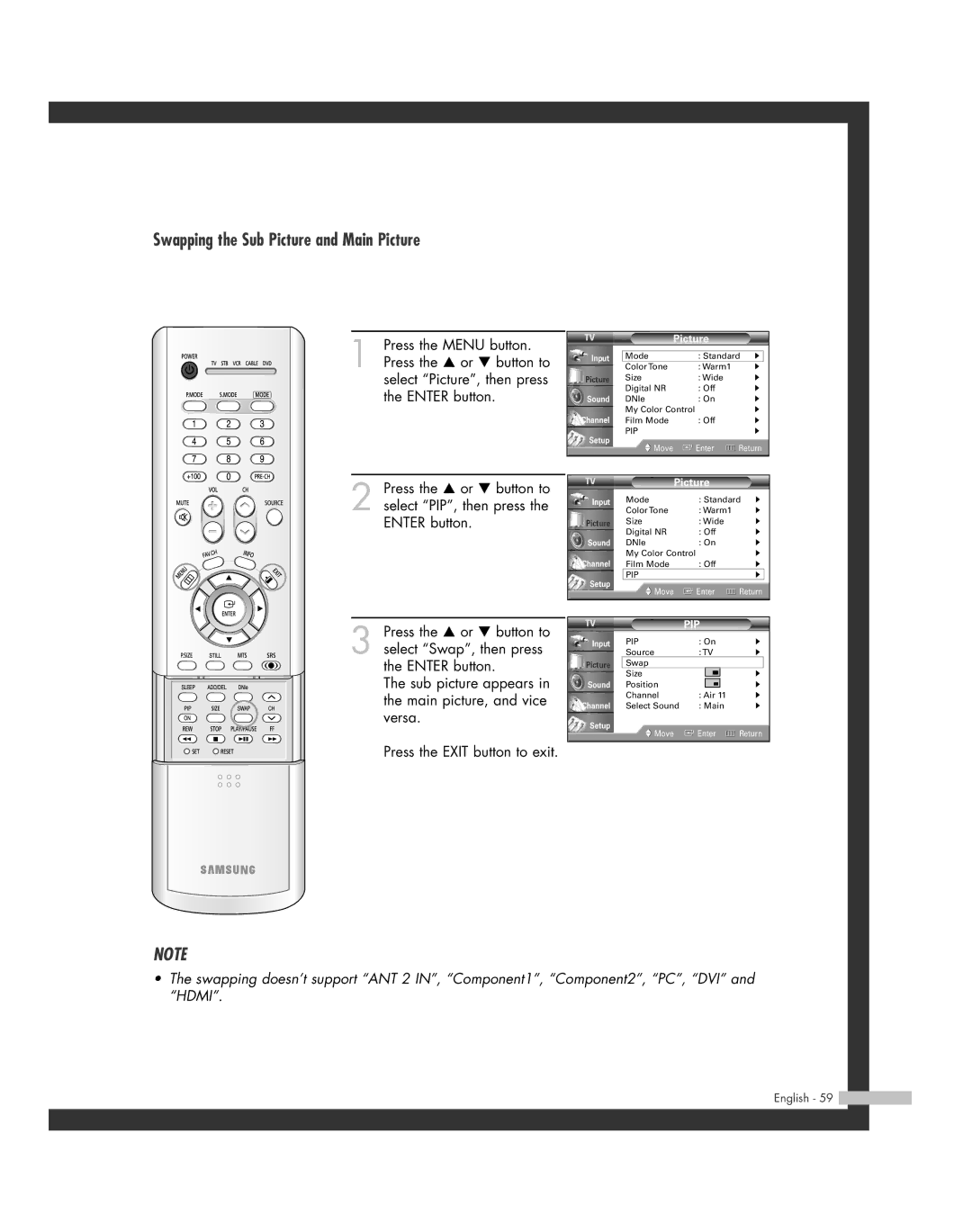 Samsung HL-R4264W, HL-R6164W, HL-R5664W, HL-R4664W, HL-R5064W manual Swapping the Sub Picture and Main Picture 