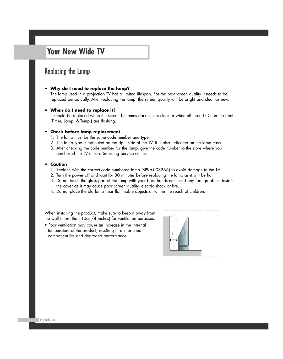 Samsung HL-R5664W, HL-R6164W, HL-R4664W, HL-R5064W, HL-R4264W manual Your New Wide TV, Replacing the Lamp 