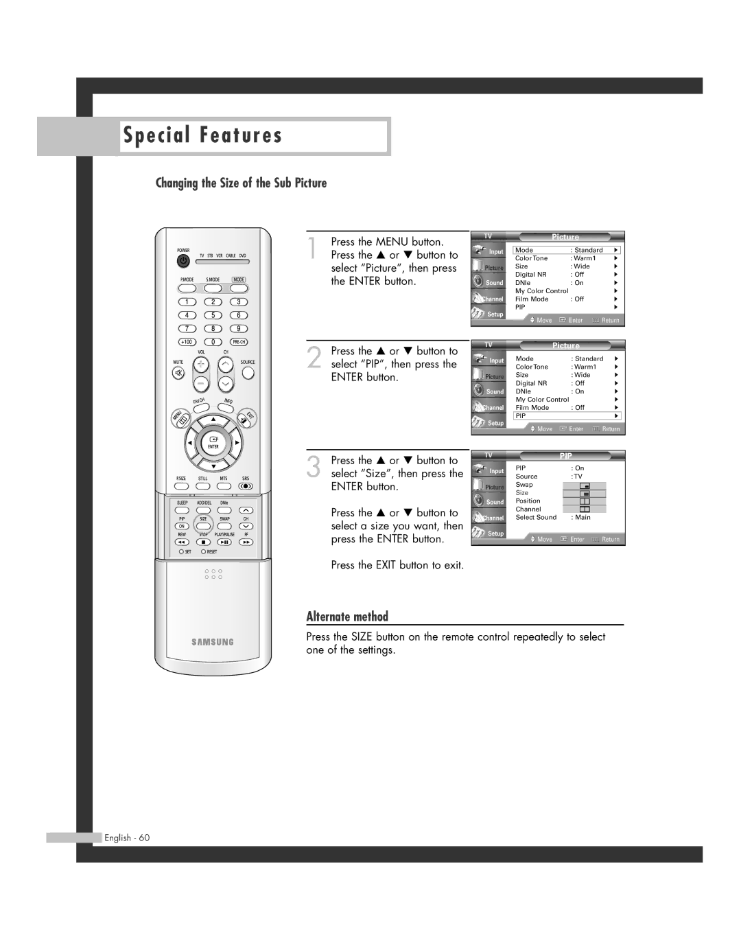 Samsung HL-R6164W, HL-R5664W, HL-R4664W, HL-R5064W, HL-R4264W manual Changing the Size of the Sub Picture, Alternate method 