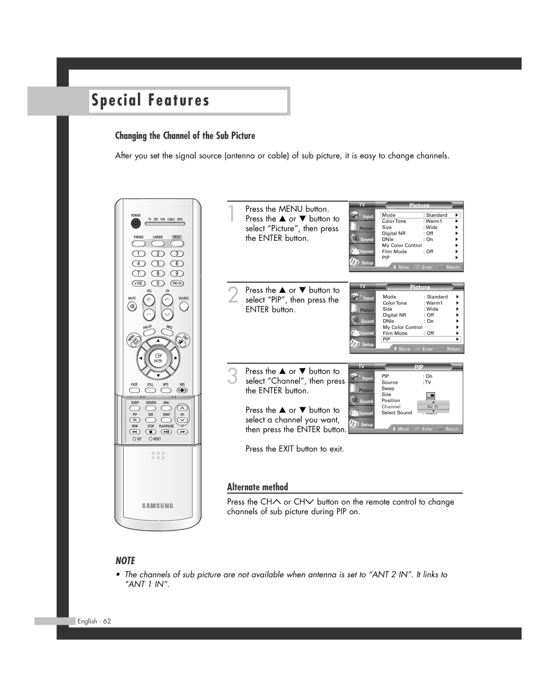 Samsung HL-R4664W, HL-R6164W, HL-R5664W, HL-R5064W, HL-R4264W manual Changing the Channel of the Sub Picture 