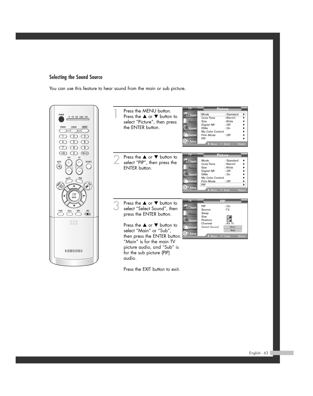 Samsung HL-R5064W, HL-R6164W, HL-R5664W, HL-R4664W, HL-R4264W manual Selecting the Sound Source 