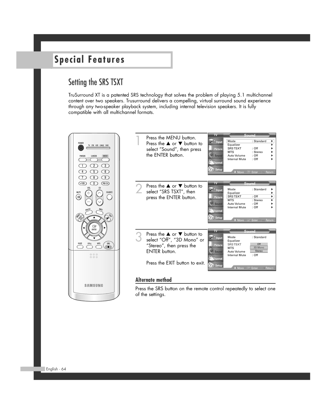 Samsung HL-R4264W, HL-R6164W, HL-R5664W, HL-R4664W, HL-R5064W manual Setting the SRS Tsxt 