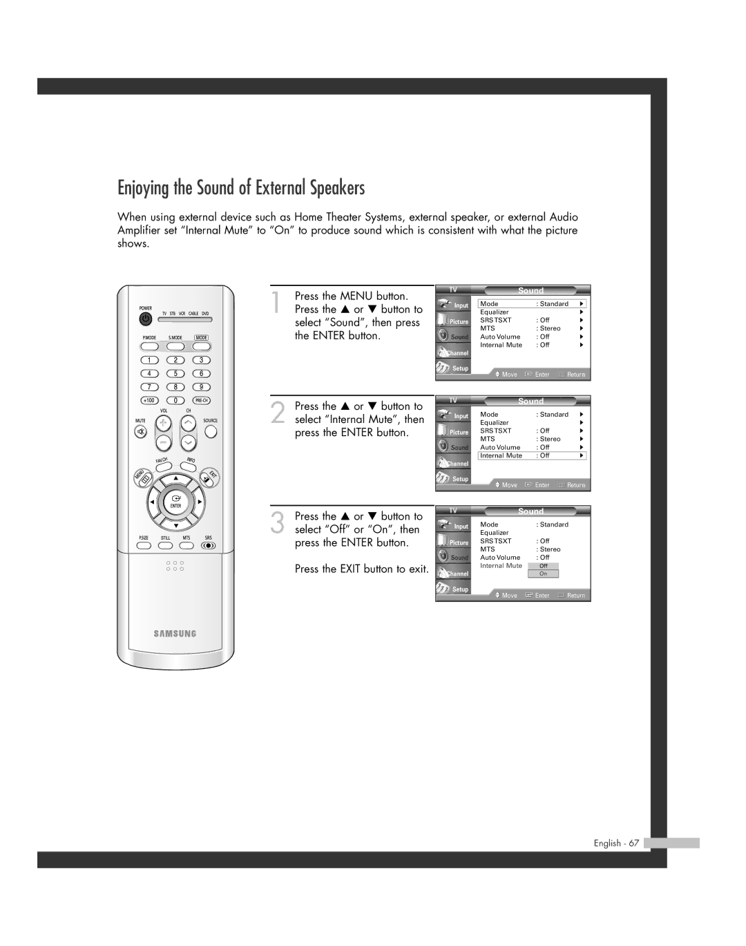 Samsung HL-R4664W, HL-R6164W, HL-R5664W, HL-R5064W, HL-R4264W manual Enjoying the Sound of External Speakers 