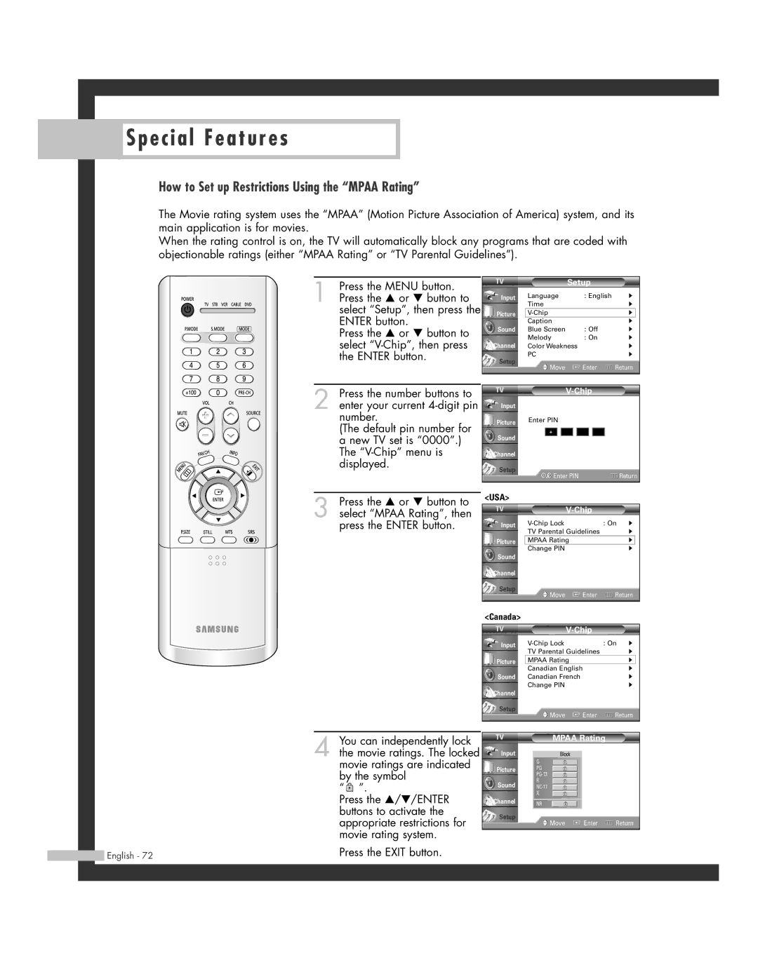 Samsung HL-R4664W, HL-R6164W, HL-R5664W, HL-R5064W, HL-R4264W manual How to Set up Restrictions Using the Mpaa Rating 