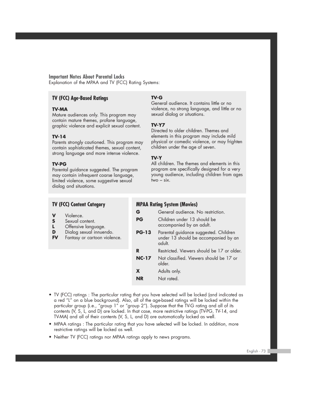 Samsung HL-R5064W, HL-R6164W, HL-R5664W, HL-R4664W, HL-R4264W Important Notes About Parental Locks, TV FCC Age-Based Ratings 