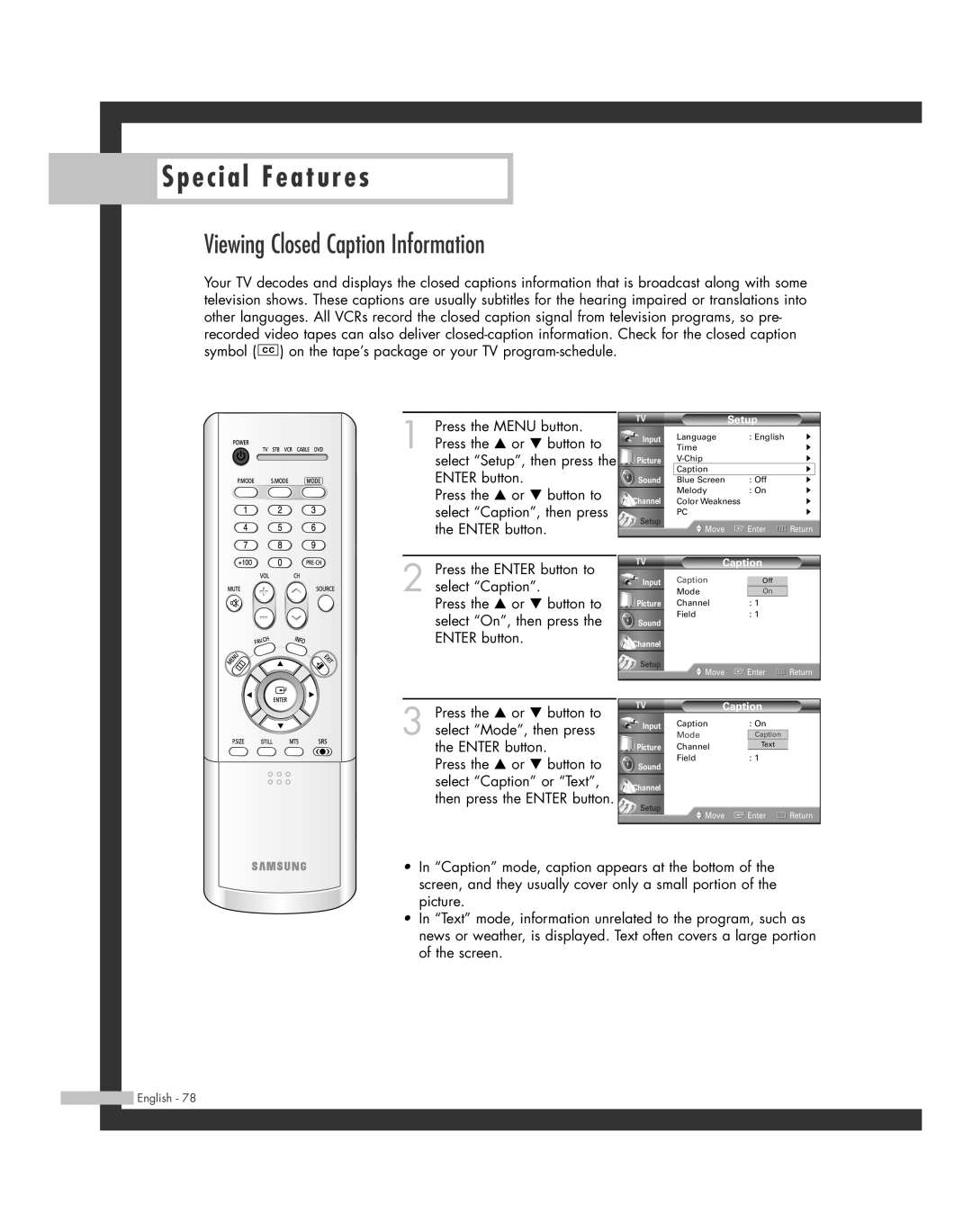 Samsung HL-R5064W, HL-R6164W, HL-R5664W, HL-R4664W, HL-R4264W manual Viewing Closed Caption Information 