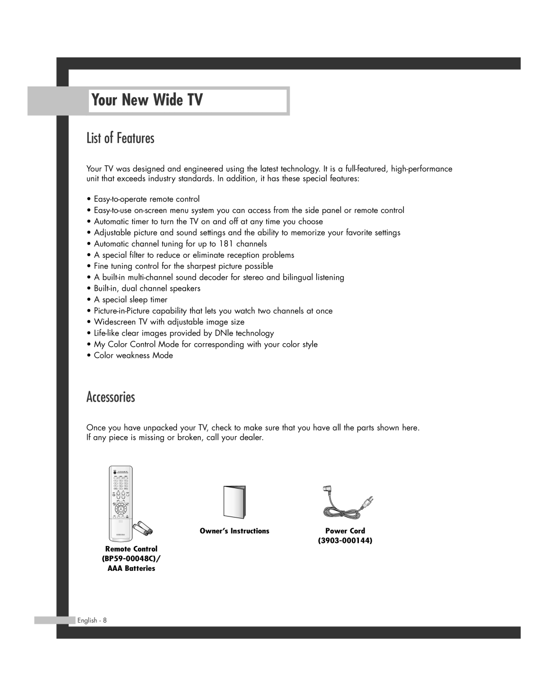 Samsung HL-R5064W, HL-R6164W, HL-R5664W, HL-R4664W, HL-R4264W manual List of Features, Accessories 