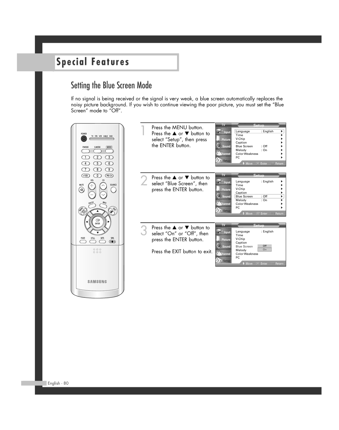 Samsung HL-R6164W, HL-R5664W, HL-R4664W, HL-R5064W, HL-R4264W manual Setting the Blue Screen Mode 