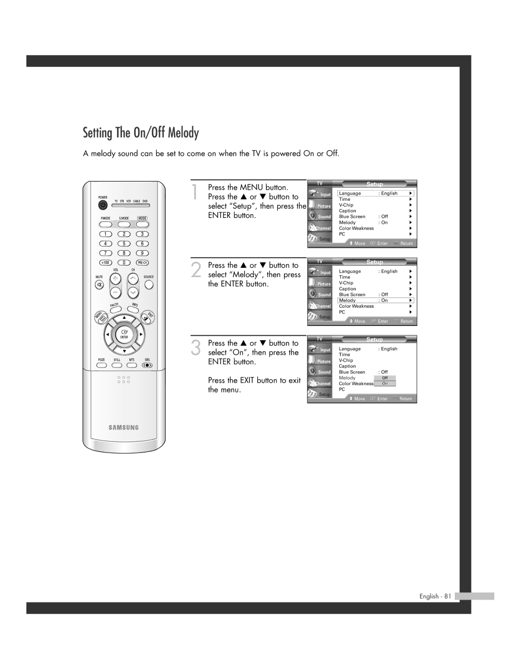 Samsung HL-R5664W, HL-R6164W, HL-R4664W, HL-R5064W, HL-R4264W manual Setting The On/Off Melody 