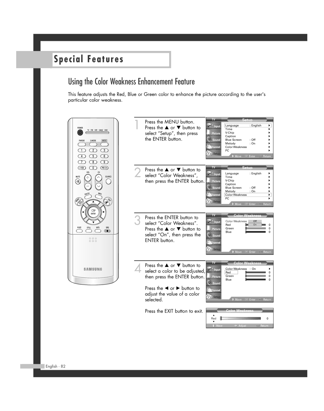 Samsung HL-R4664W, HL-R6164W, HL-R5664W, HL-R5064W, HL-R4264W manual Using the Color Weakness Enhancement Feature 