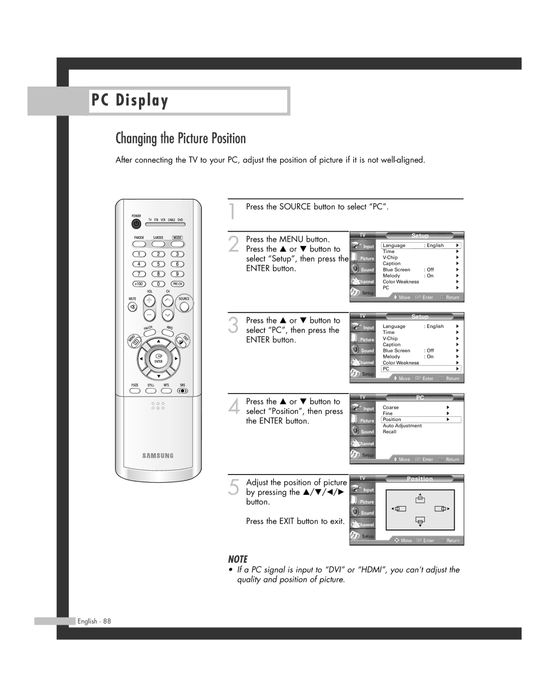 Samsung HL-R5064W, HL-R6164W, HL-R5664W, HL-R4664W, HL-R4264W manual Changing the Picture Position 