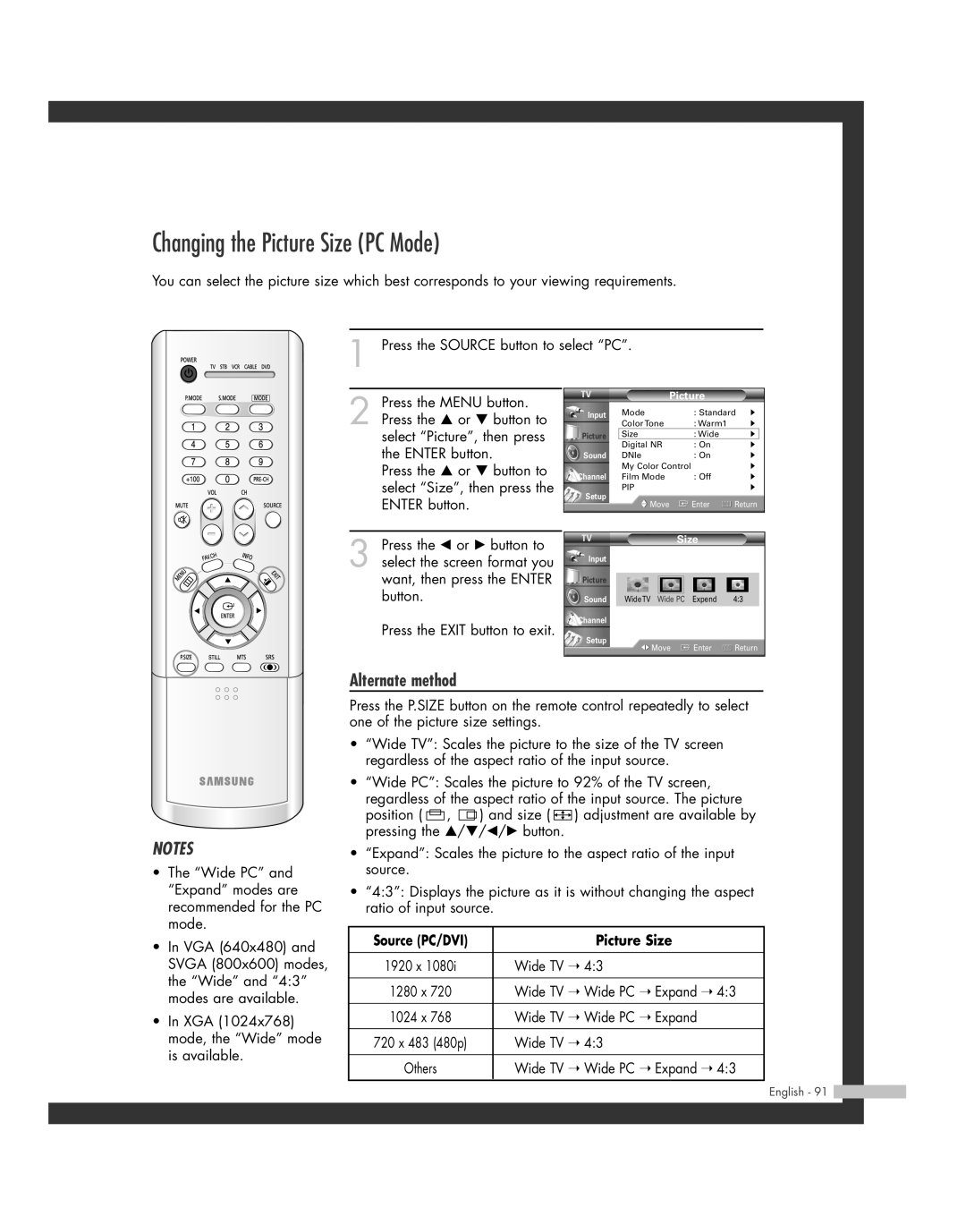 Samsung HL-R5664W, HL-R6164W, HL-R4664W, HL-R5064W, HL-R4264W Changing the Picture Size PC Mode, Source PC/DVI Picture Size 