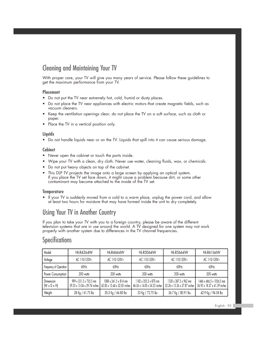 Samsung HL-R6164W, HL-R5664W, HL-R4664W Cleaning and Maintaining Your TV, Using Your TV in Another Country, Specifications 