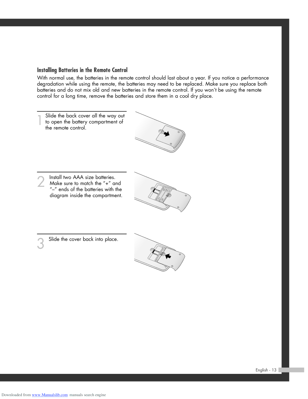 Samsung HL-R5664W, HL-R6164W, HL-R4664W, HL-R5064W manual Installing Batteries in the Remote Control 