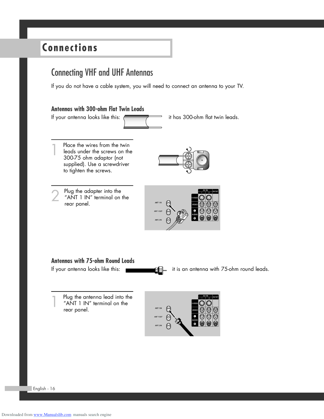 Samsung HL-R6164W Connecting VHF and UHF Antennas, Antennas with 300-ohm Flat Twin Leads, Antennas with 75-ohm Round Leads 