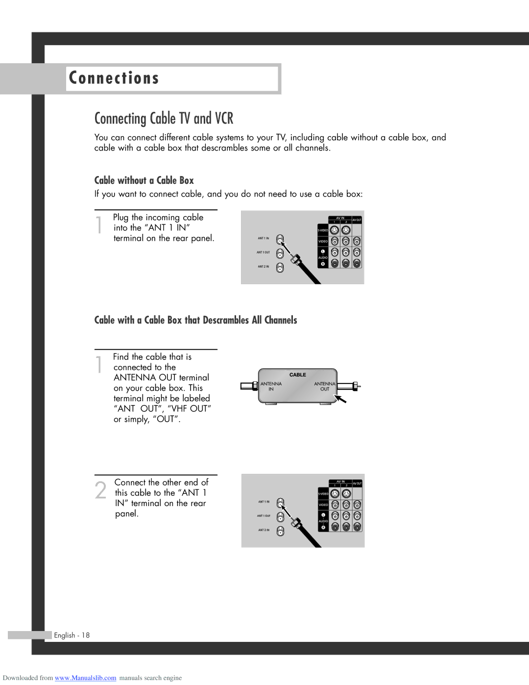 Samsung HL-R4664W, HL-R6164W, HL-R5664W, HL-R5064W manual Connecting Cable TV and VCR, Cable without a Cable Box 