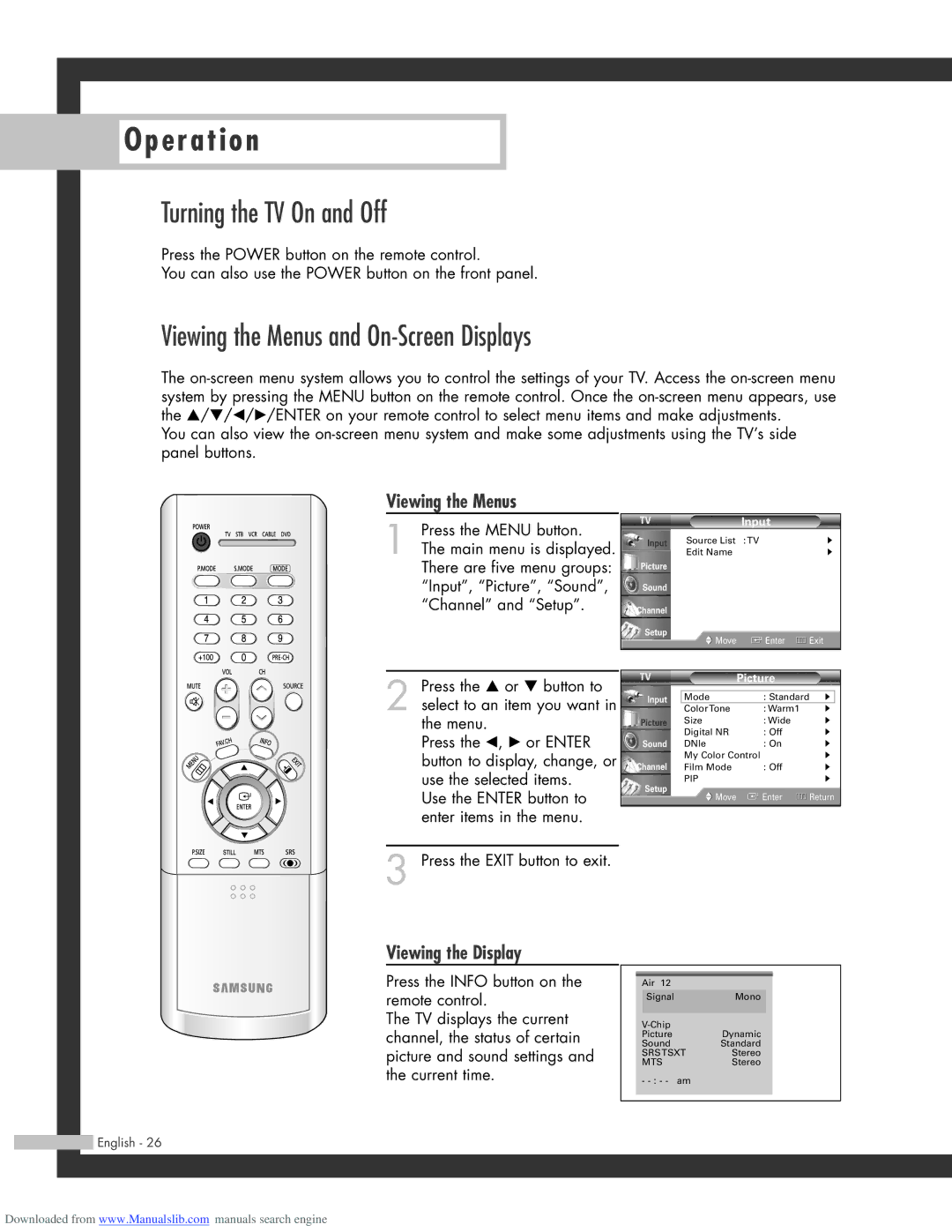 Samsung HL-R4664W, HL-R6164W manual Turning the TV On and Off, Viewing the Menus and On-Screen Displays, Viewing the Display 