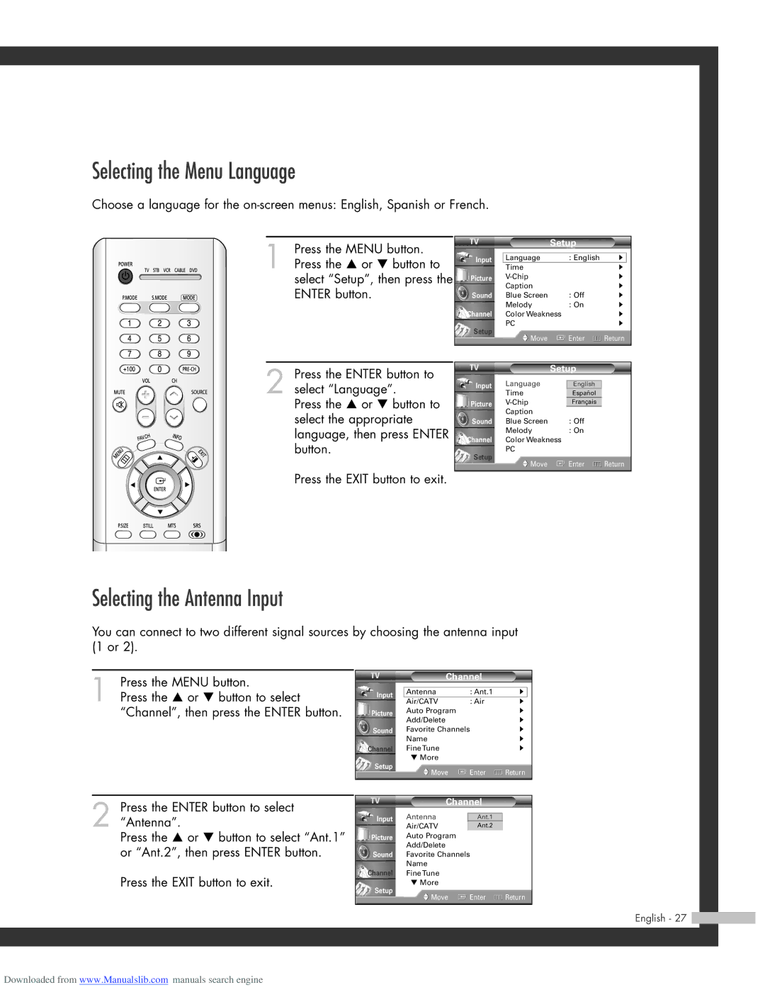 Samsung HL-R5064W, HL-R6164W, HL-R5664W, HL-R4664W manual Selecting the Menu Language, Selecting the Antenna Input 