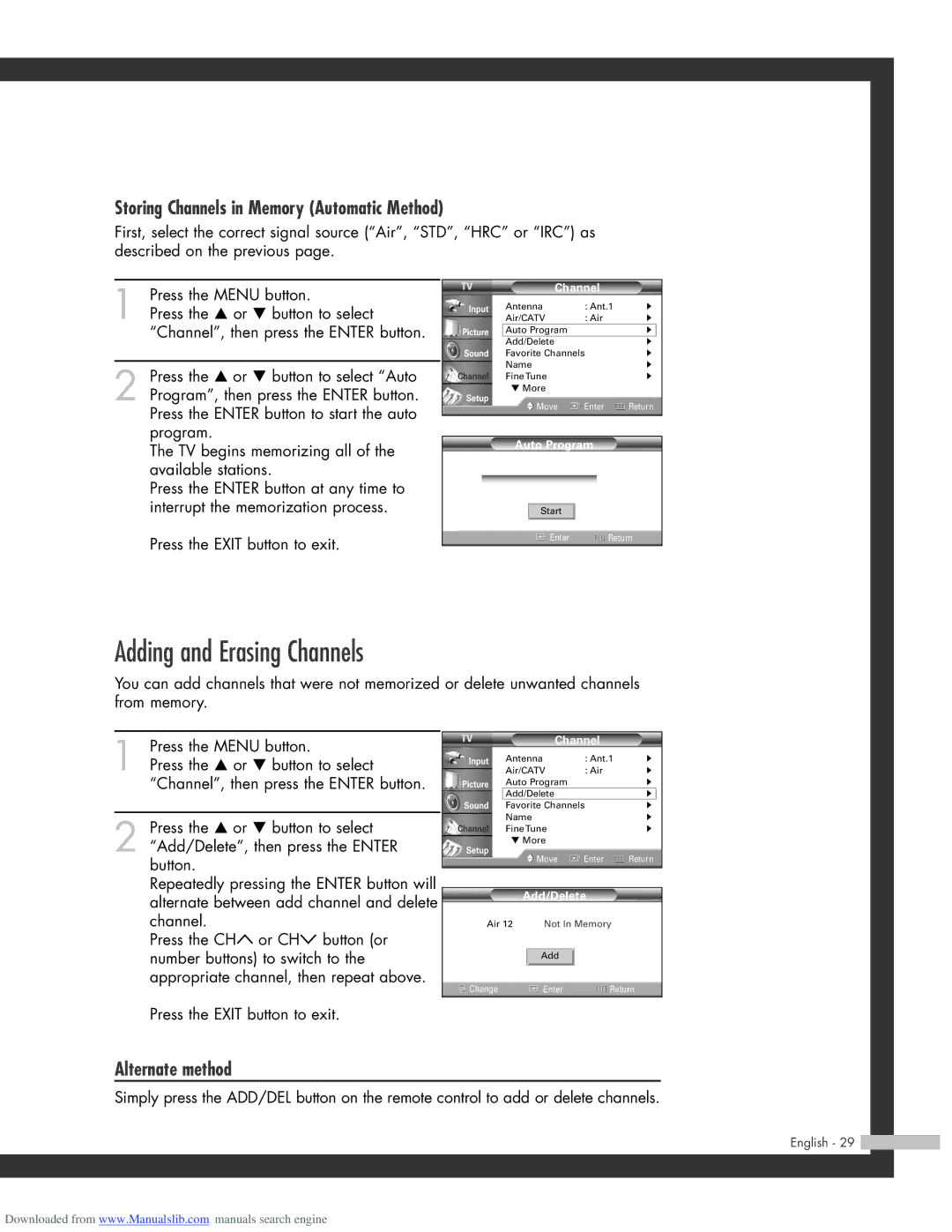 Samsung HL-R5664W, HL-R6164W Adding and Erasing Channels, Storing Channels in Memory Automatic Method, Alternate method 