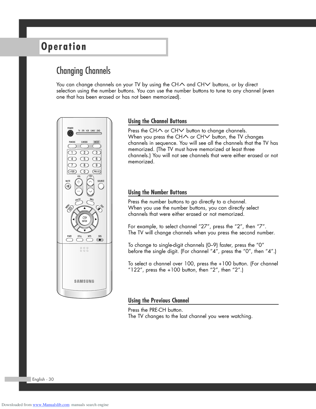 Samsung HL-R4664W manual Changing Channels, Using the Channel Buttons, Using the Number Buttons, Using the Previous Channel 