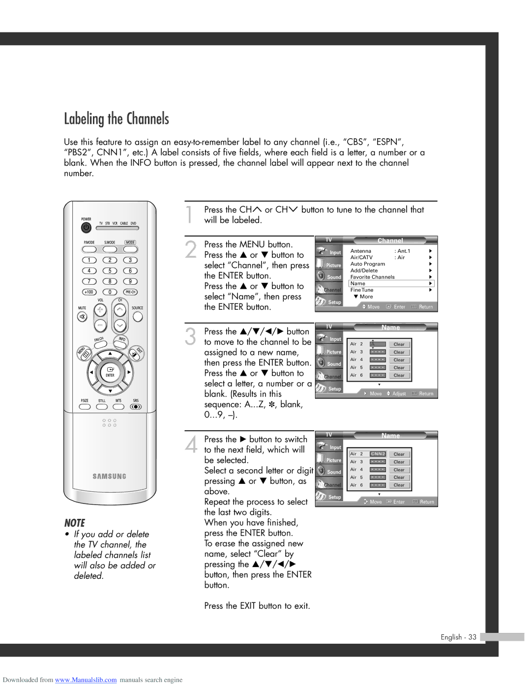 Samsung HL-R5664W, HL-R6164W, HL-R4664W, HL-R5064W manual Labeling the Channels 