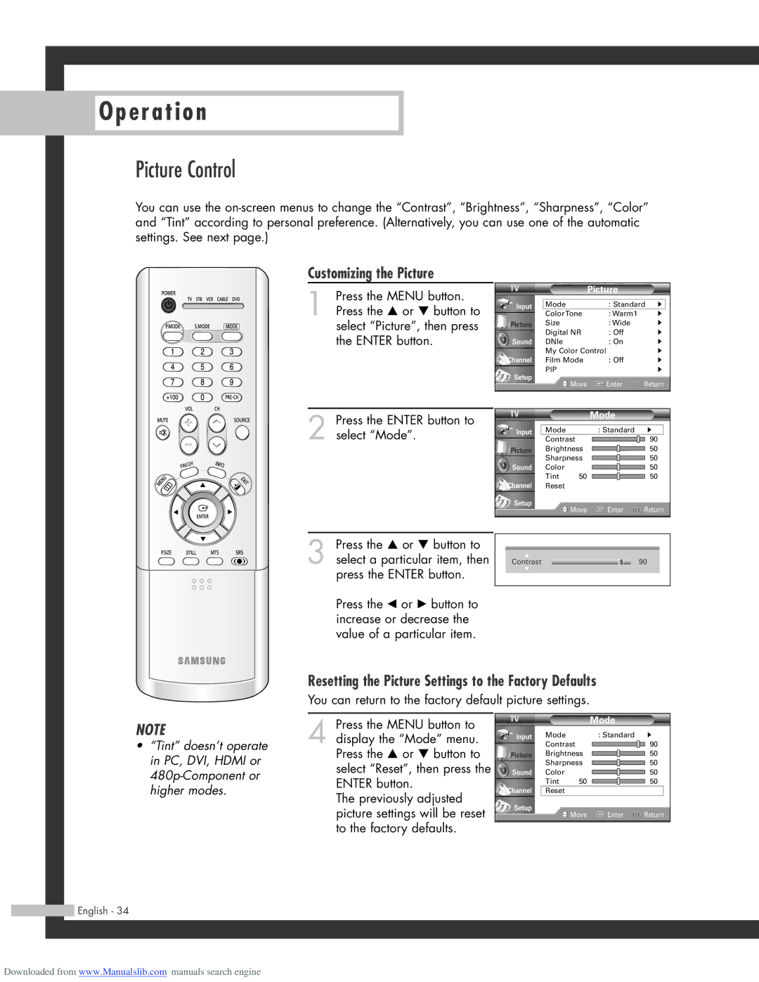 Samsung HL-R4664W manual Picture Control, Customizing the Picture, Resetting the Picture Settings to the Factory Defaults 